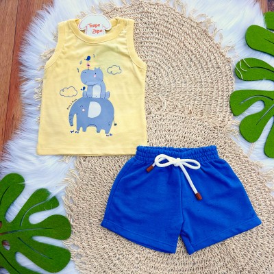 Conj. Regata Elefante com Hipopótamo e Bermuda - Amarelo e Azul